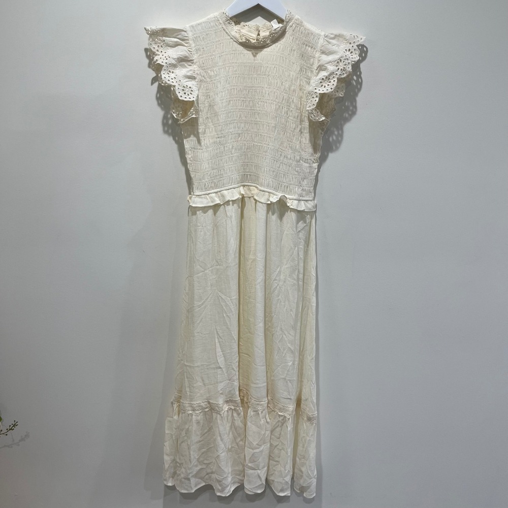 By The River Midi Dress Large Smocked Eyelet Flutter Cream Romantic Cottagecore